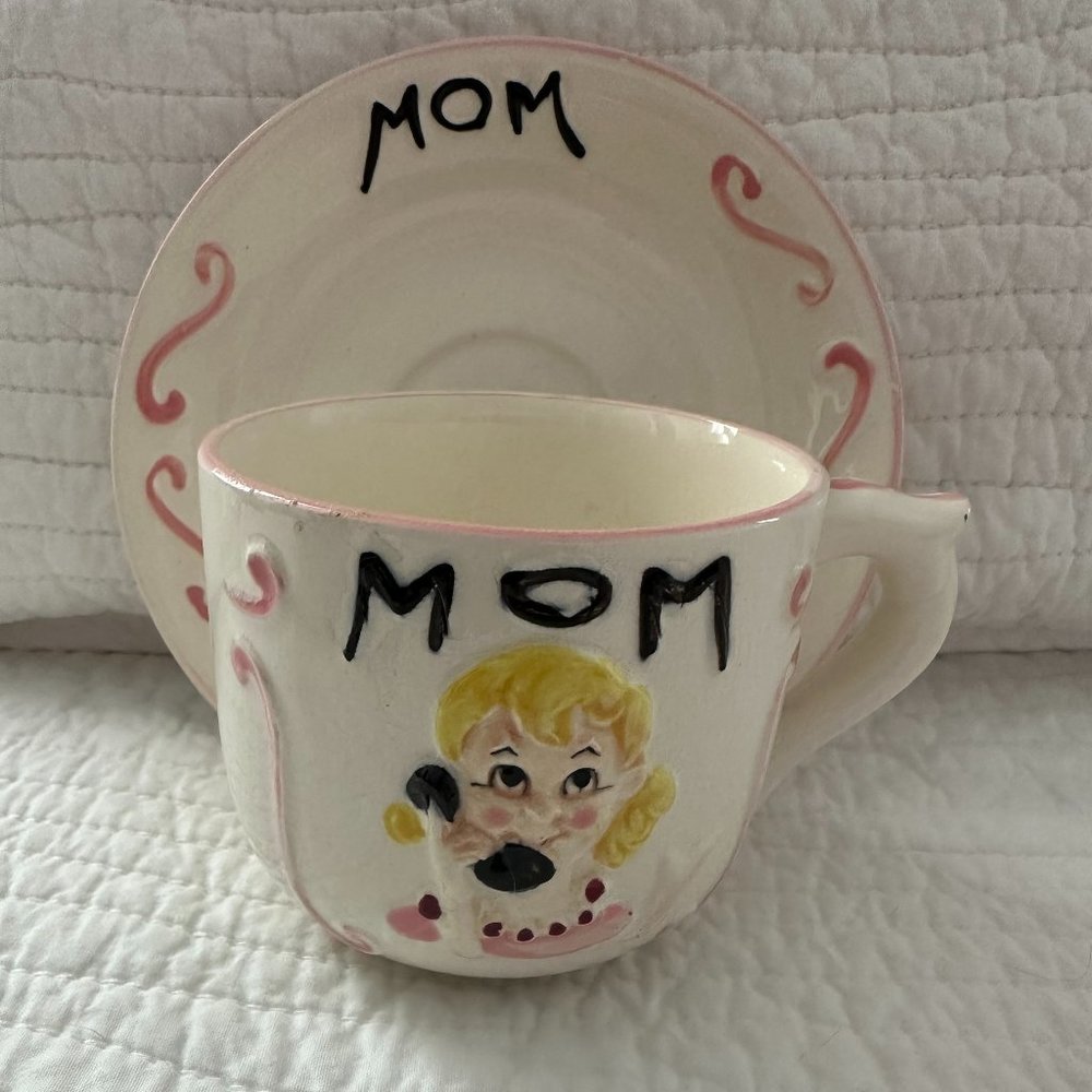 Vintage Sansco Japan Mom  with Mom on Phone Large Mug Cup and Saucer 1940's Orgi